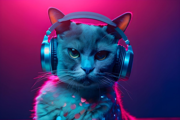 Gato da moda usando fones de ouvido música gato antropomórfico luzes de néon