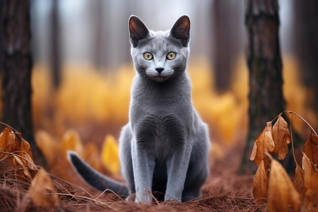 Gato da raça Russian Blue em estado selvagem