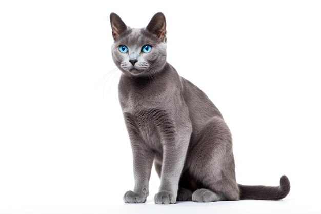 Gato da raça Russian Blue em fundo branco