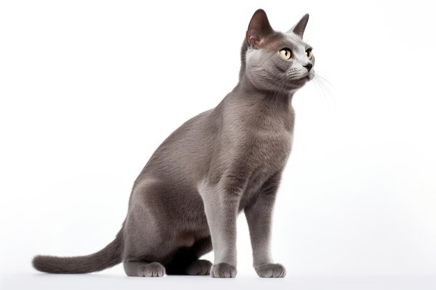 Gato da raça Russian Blue em fundo branco