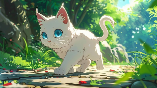 Foto gato de anime caminhando por um caminho em uma floresta com flores