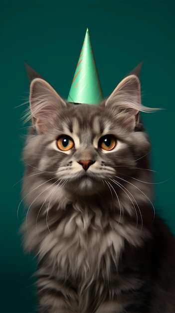 Gato de aniversário de fundo verde com chapéu de festa