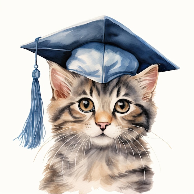 Foto gato de aquarela bonito em boné graduarion isolado