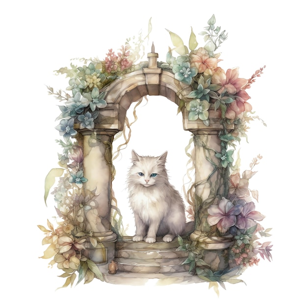 Gato de aquarela fantasia em uma ilustração de jardim de arco floral