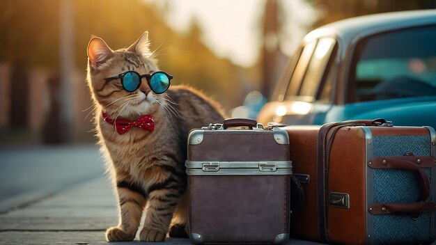 Foto gato de bengala bonito com óculos de sol sentado em uma mala de viagem pet travel conceito tours