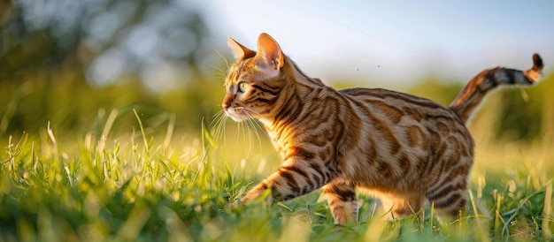 Gato de Bengala caminhando por um campo verde
