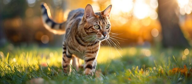 Gato de Bengala passeando pela grama