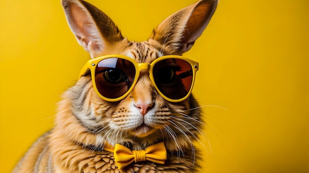 Foto gato de bengala usando óculos de sol e gravata de papagaio em fundo amarelo