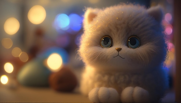 Foto gato de brinquedo de pelúcia fofo senta-se em desfoque de fundo de iluminação suave e quente