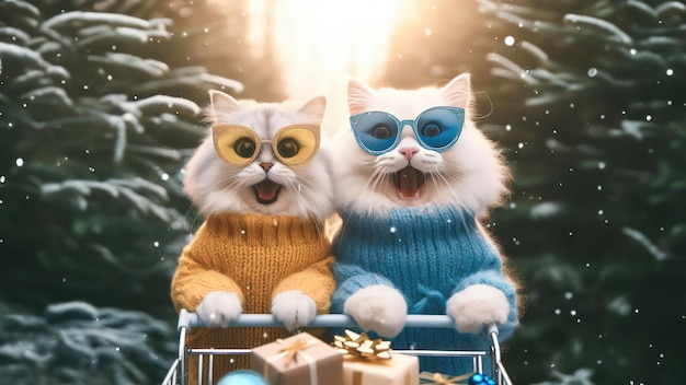 Gato de casal bonito em roupas de inverno e boneco de neve no fundo da floresta de inverno