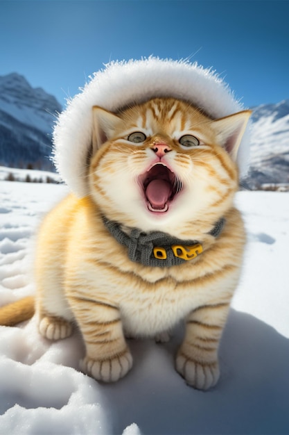 Gato de chapéu boceja na neve generativa ai