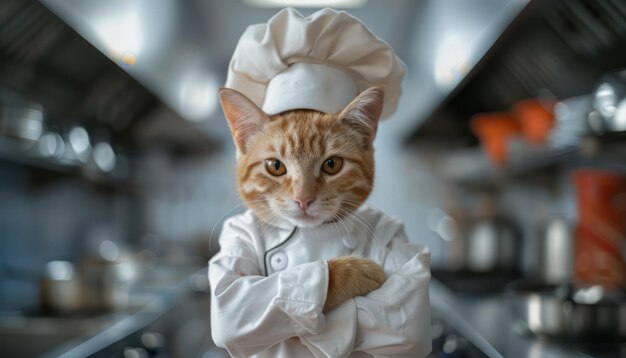 Gato de chef em cozinha profissional