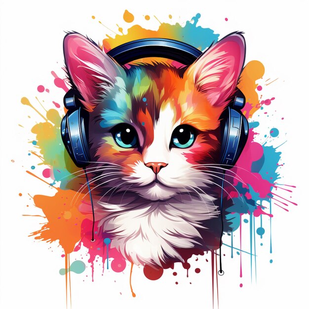 gato de cores brilhantes com fones de ouvido e salpicos de tinta generativa ai