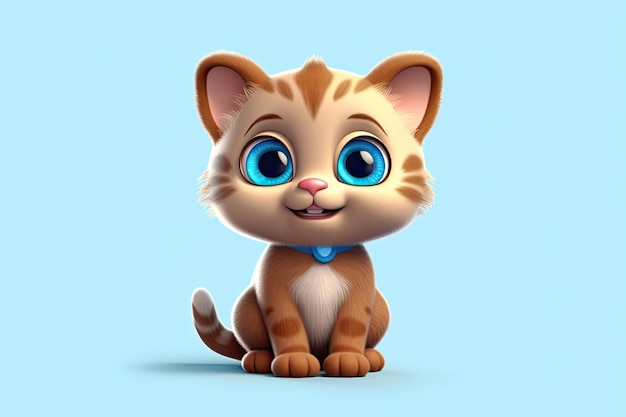 Gato de desenho animado adorável com grandes olhos azuis Uma animação 3D divertida para crianças