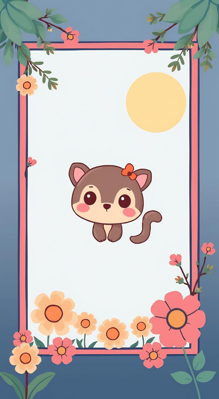 Foto gato de desenho animado bonito em moldura floral