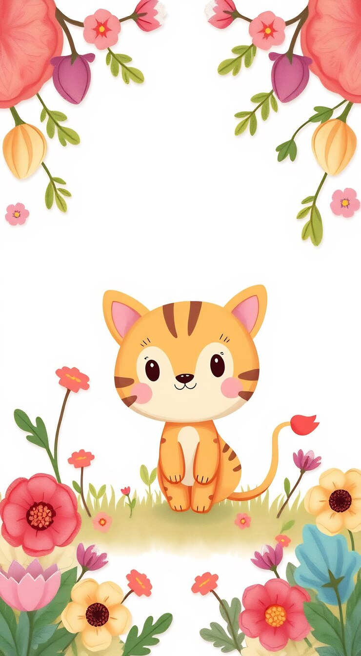 Foto gato de desenho animado bonito em um campo de flores