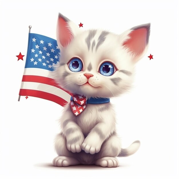 Gato de desenho animado com bandeira americana em fundo branco