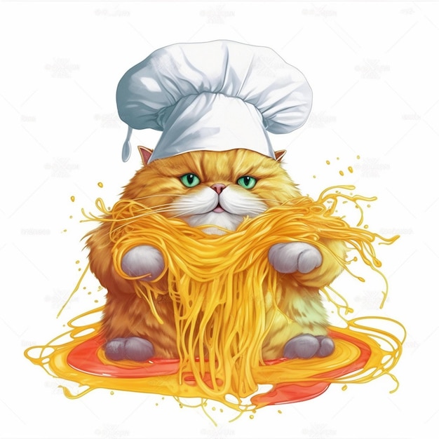 gato de desenho animado com espaguete e chapéu de chef sentado em um prato generativo ai