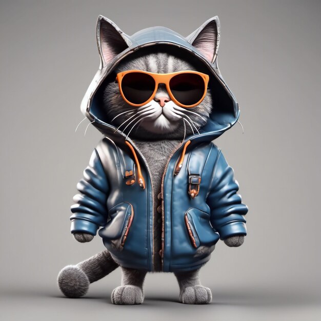 Gato de desenho animado com óculos de sol e jaqueta com capuz em fundo transparente renderização 3D
