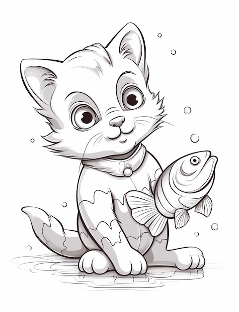 Gato de desenho animado com peixe na boca para colorir página generativa ai