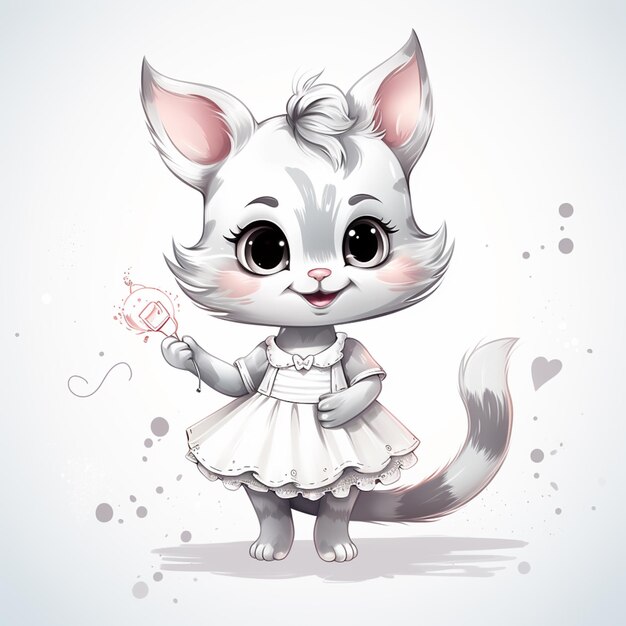 gato de desenho animado com um vestido branco e uma flor rosa