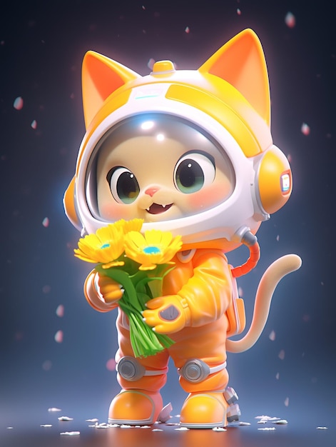 gato de desenho animado em traje espacial segurando flores na frente de um fundo escuro generativo ai