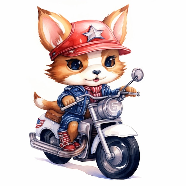 gato de desenho animado em um chapéu de firemans montando uma motocicleta generativa ai