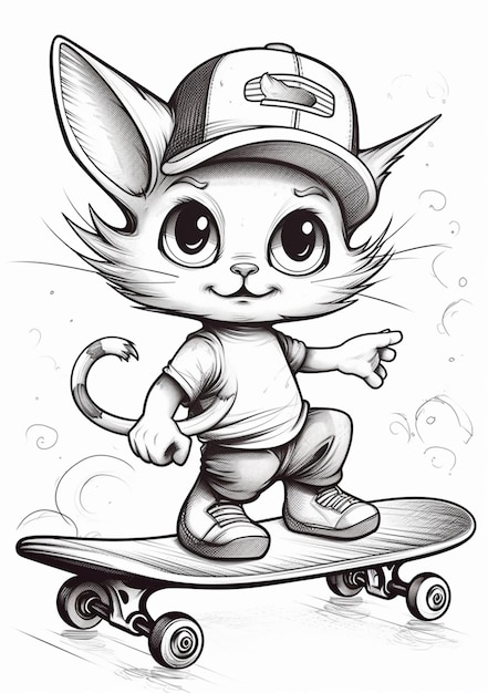 Foto gato de desenho animado em um skate com um chapéu e boné generativo ai