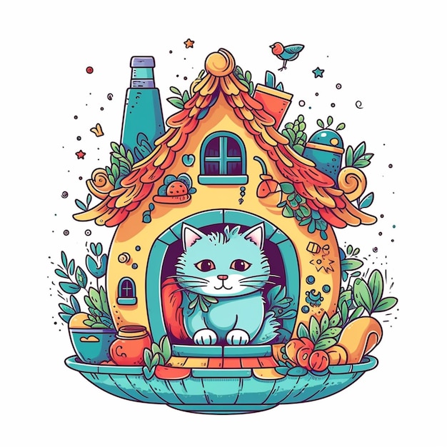 gato de desenho animado em uma casa com cenouras e flores ai generativa