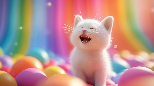 Gato de desenho animado rindo em 3D peidando um arco-íris em um vibrante