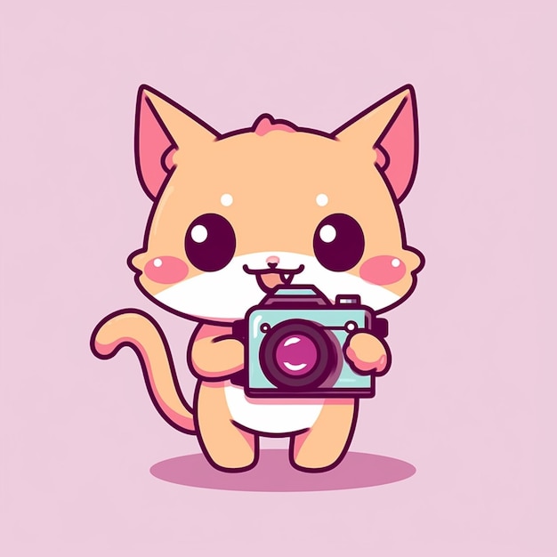 Foto gato de desenho animado segurando uma câmera e tirando uma foto