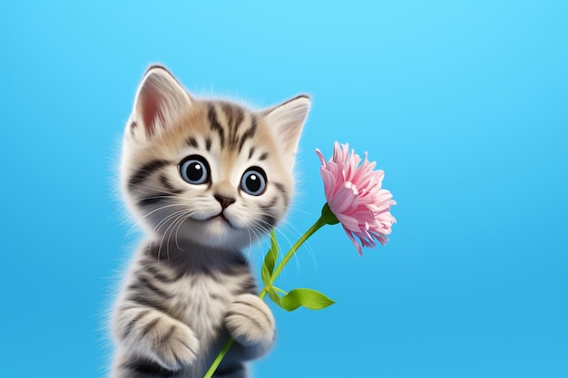 Gato de desenho animado segurando uma flor com um fundo azul