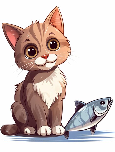 gato de desenho animado sentado ao lado de um peixe em um fundo branco