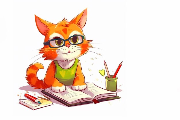 Foto gato de desenho animado vermelho inteligente com óculos e com um livro sobre o conceito de educação de fundo branco de volta para sch