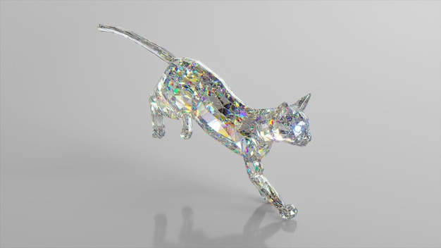 Gato de diamante correndo O conceito de natureza e animais Ilustração 3d de cor branca de baixo poli