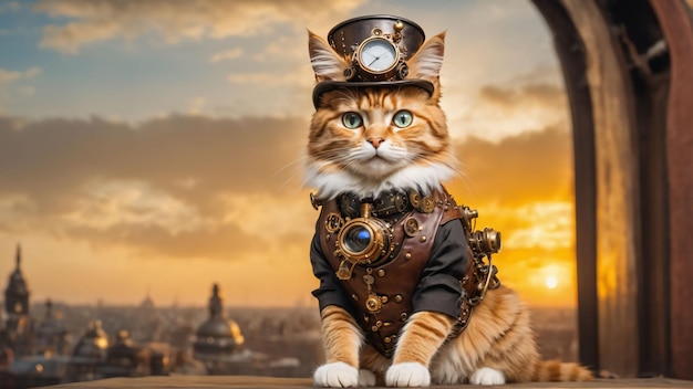 Gato de estilo steampunk usando um chapéu Retrato de animal de estimação