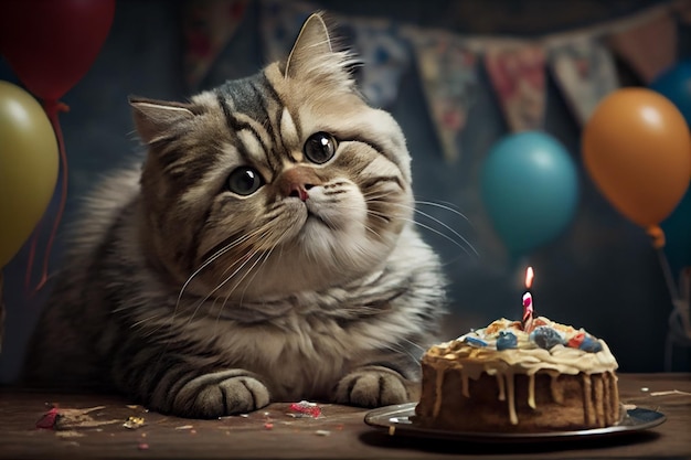 Gato de estimação fofo em sua festa de aniversário gato gato feliz AI Generate