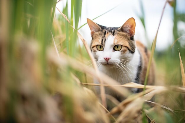 Gato de fazenda a vaguear pela grama alta