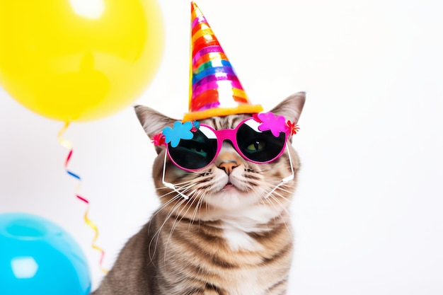 Gato de festa engraçado usando chapéu de verão colorido e elegantes óculos de sol isolados sobre fundo branco