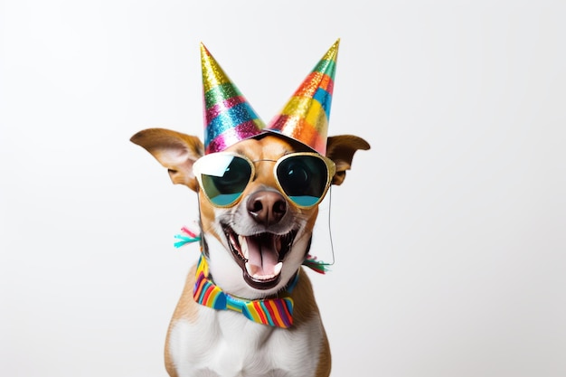 Gato de festa engraçado usando chapéu de verão colorido e elegantes óculos de sol isolados sobre fundo branco