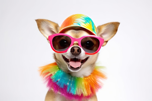 Gato de festa engraçado usando chapéu de verão colorido e elegantes óculos de sol isolados sobre fundo branco