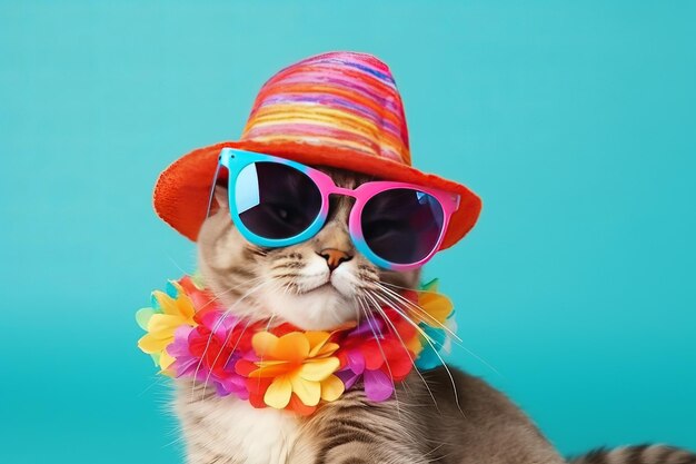 Gato de festa engraçado usando chapéu de verão colorido e elegantes óculos de sol isolados sobre fundo branco