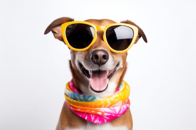 Gato de festa engraçado usando chapéu de verão colorido e elegantes óculos de sol isolados sobre fundo branco