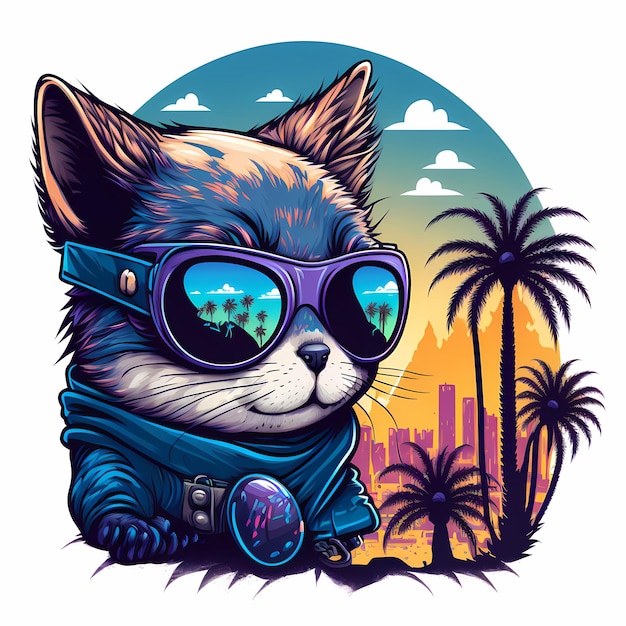 gato de fundo de verão usando óculos escuros com praia e palmeiras