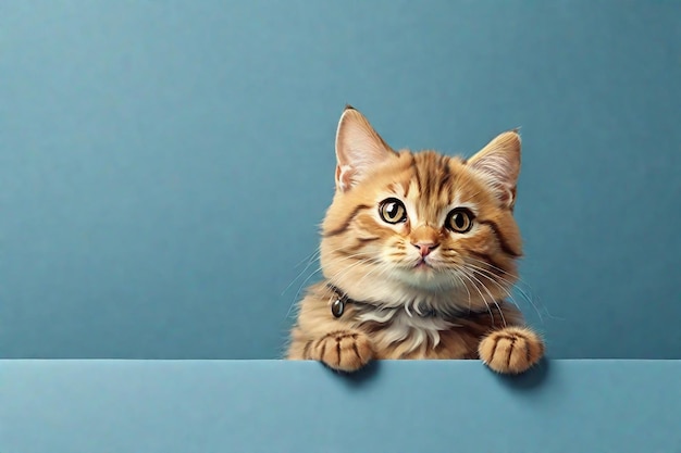 Gato de gengibre lindo estriado sentado em um fundo azul com espaço de cópia