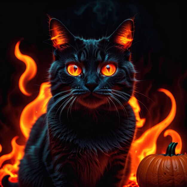 gato de halloween com uma vela brilhante na frente de um fundo preto