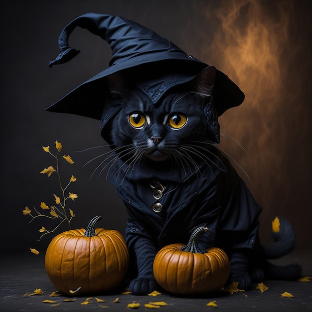 Foto gato de halloween gato em um chapéu de bruxa e manto sentado em uma vela de abóbora de halloween e teias de aranha