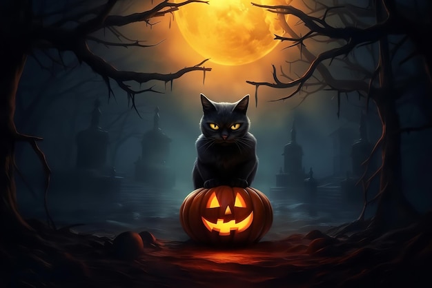 gato de Halloween sentado em uma abóbora em uma floresta assustadora gera IA