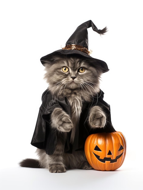 Gato de Halloween vestindo fantasia de bruxa com abóbora isolada em fundo branco