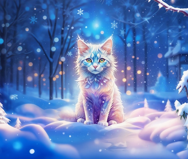 Gato de inverno branco de fantasia com ilustração de flocos de neve